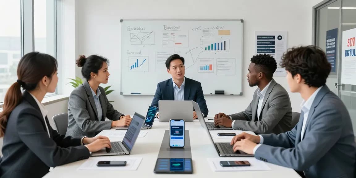 Collaboration around corporate mobile plans UK in a modern office meeting.
