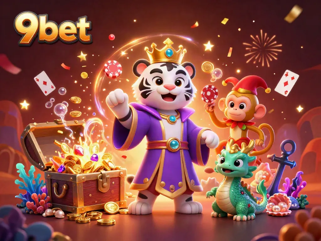 Engage with 9bet through an energetic scene showcasing classic casino elements with a royal tiger, jester monkey, and jade dragon.