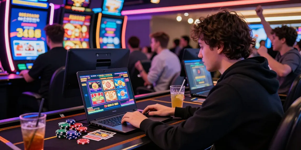 Spieler genießt eine aufregende Sitzung in einem Paysafe Card Casino, umgeben von lebhaften Casino-Grafiken und Ambiente.