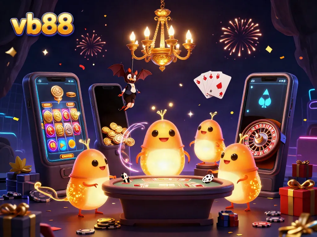 Experience the vibrant excitement of vb88 with glowing characters lighting up a casino scene featuring slot games and poker chips.