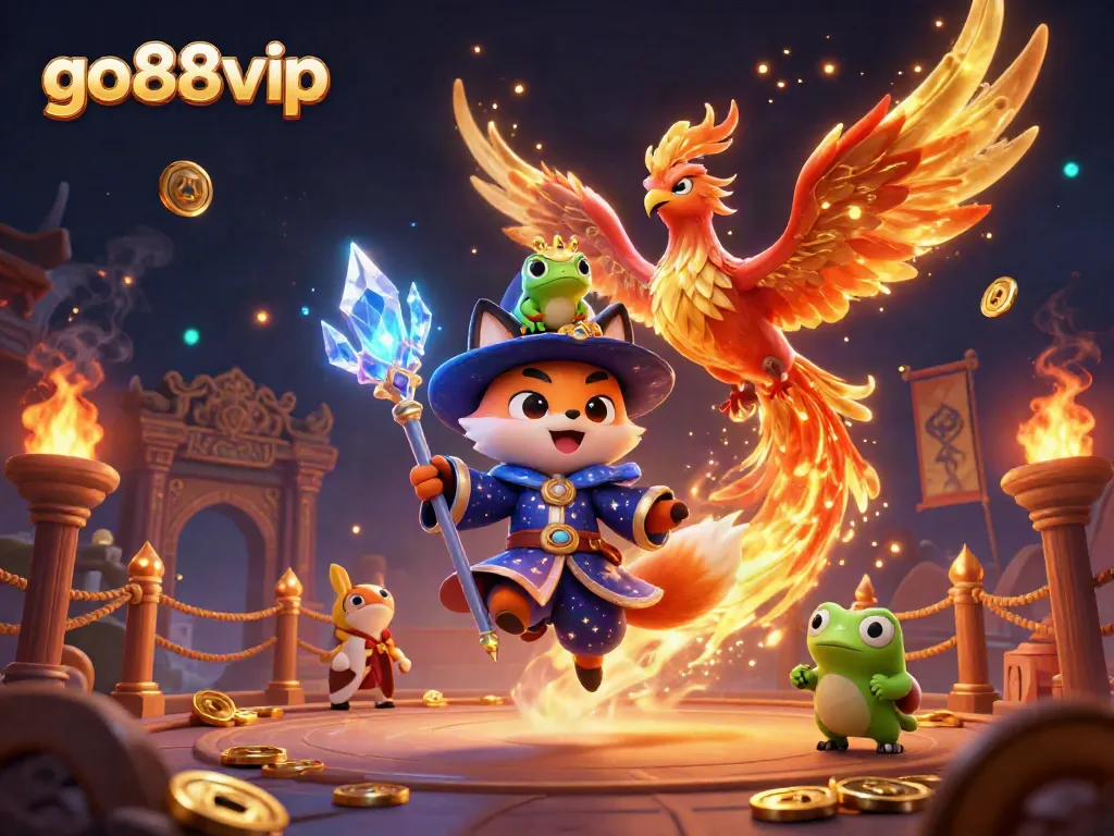 Experience thrilling moments at go88vip with a mystical wizard fox, phoenix, and enchanted frog in a vibrant casino scene.