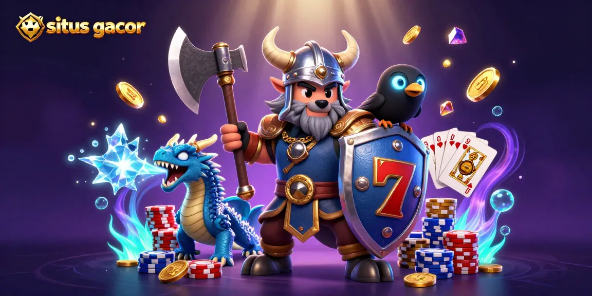 Situs gacor illustration with Viking wolf warrior, dragon, and raven, surrounded by casino elements.