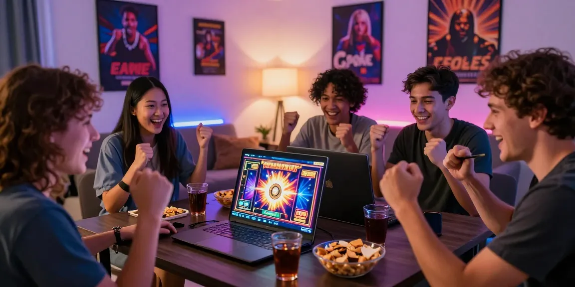 Excited friends celebrating a win on slot gacor, showcasing vibrant online gaming atmosphere