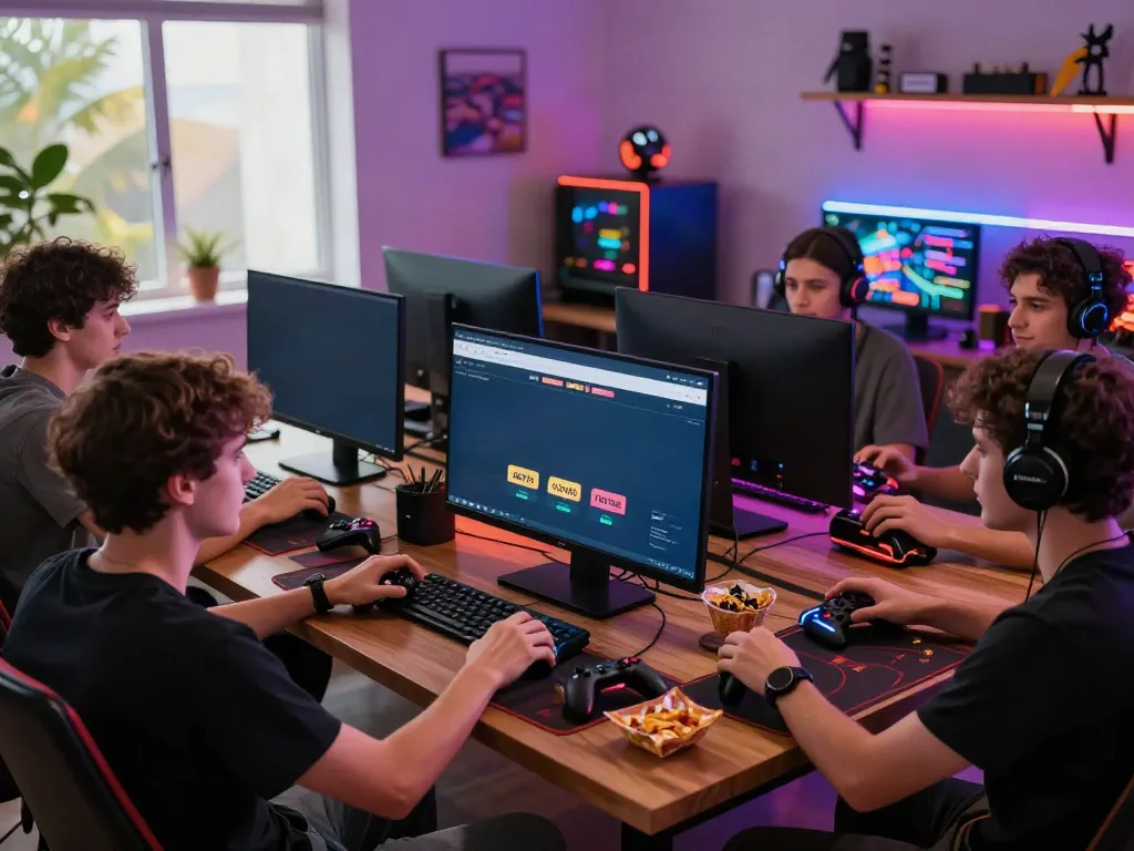 Online gamers engaging with NET88 platform, showcasing vibrant gaming environment with colorful LED lighting.