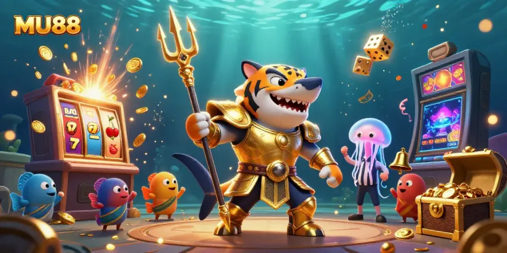 Experience exciting gameplay at MU88 with a lively underwater scene featuring a tiger shark and playful game elements.