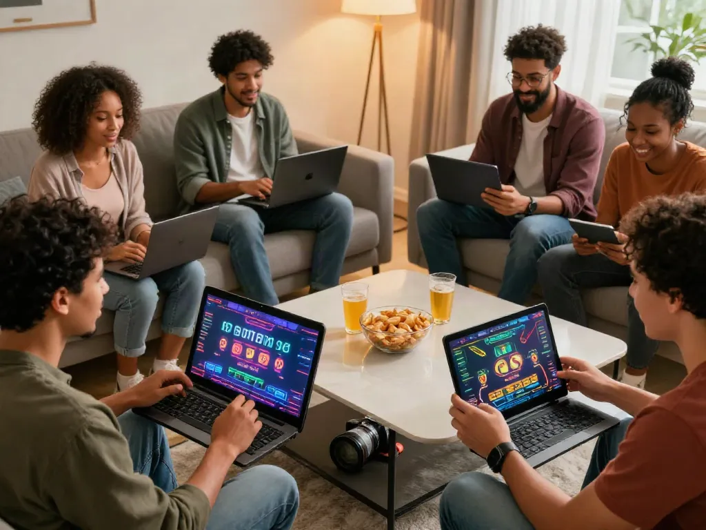 Exciting online gaming moment showcasing friends enjoying https://red88.limited/ from their cozy living room.