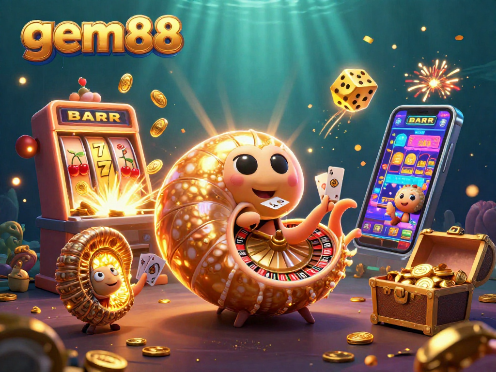 gem88 captivates with lucky symbols and a vibrant slot machine explosion in a dynamic casino scene