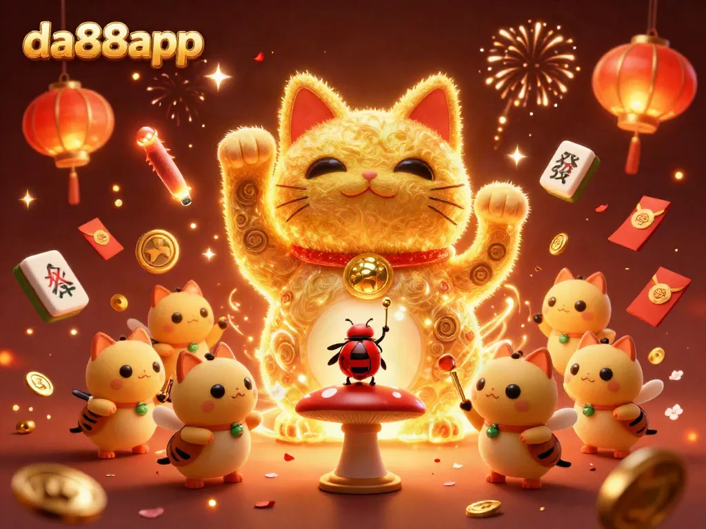 Engage with da88app's exciting casino symbols showcased by a golden lucky cat animated form.