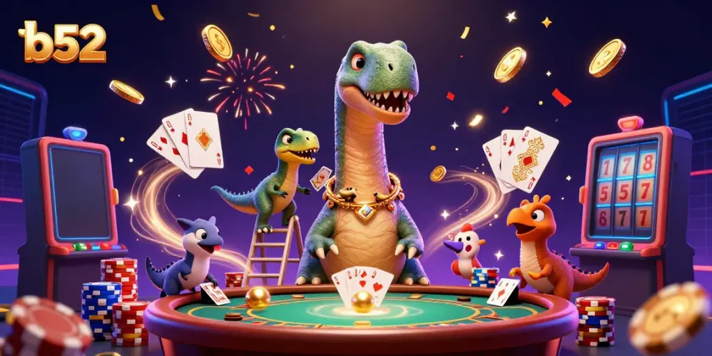 Play classic games at B52 with animated characters celebrating gambling wins through jackpot spins and card games.