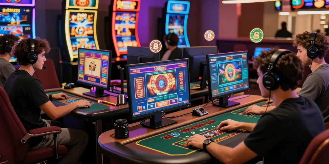 Giocatori che si divertono con i giochi dei casinò non AAMS in un ambiente online vibrante, che mostrano eccitazione con grafica moderna e criptovaluta.