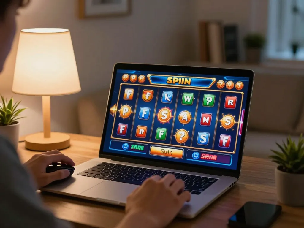 Play slots online at jus77 with vibrant reels and bonuses in a cozy home setting