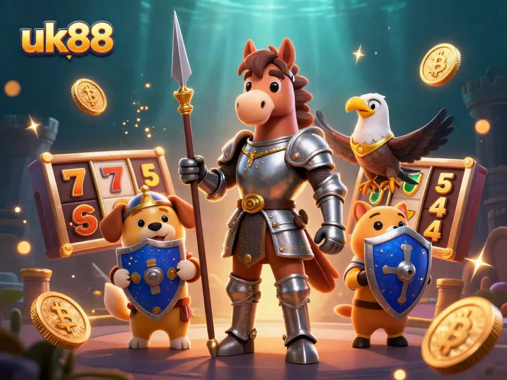 Play exciting slots with UK88 in a vibrant 3D casino world featuring knights and crypto elements.