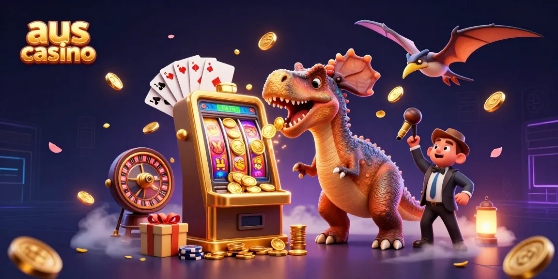 Engaging scene of aus casino with a pachycephalosaurus and gaming elements bursting with excitement.