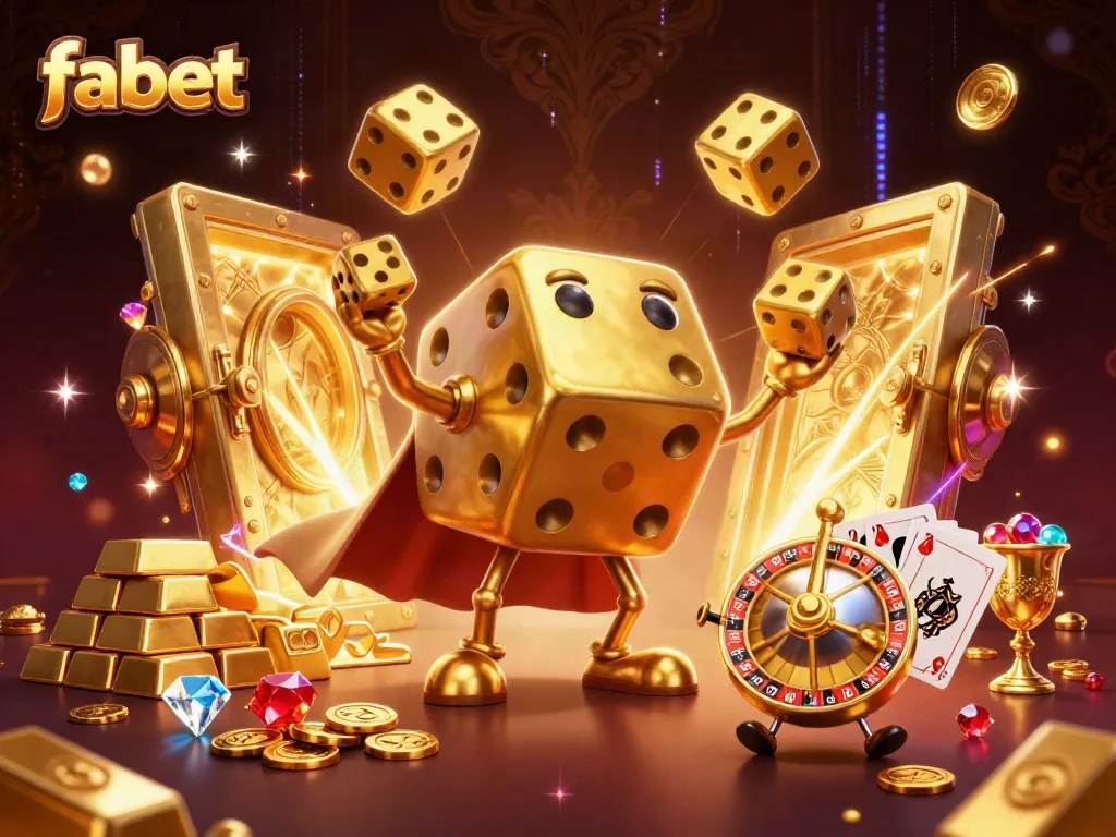 Experience the excitement of fabet's dynamic gaming scene with colorful 3D characters, golden treasures, and electrifying casino elements.