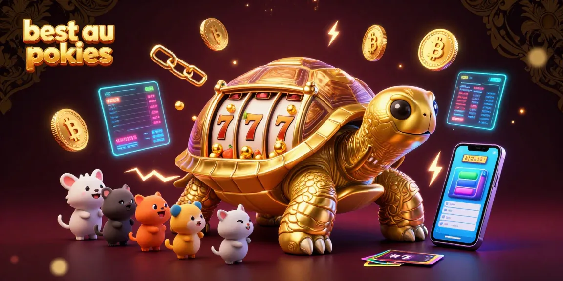 Experience the excitement of the best au payid pokies with a dazzling golden tortoise slot machine and vibrant game elements.