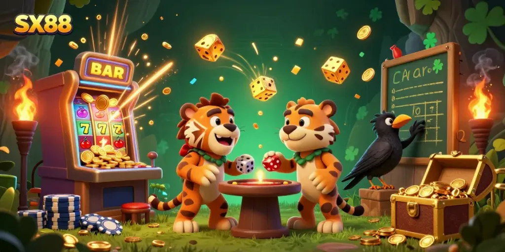 SX88 casino scene with caveman duo and a sabertooth managing prehistoric games and exciting jackpot elements.