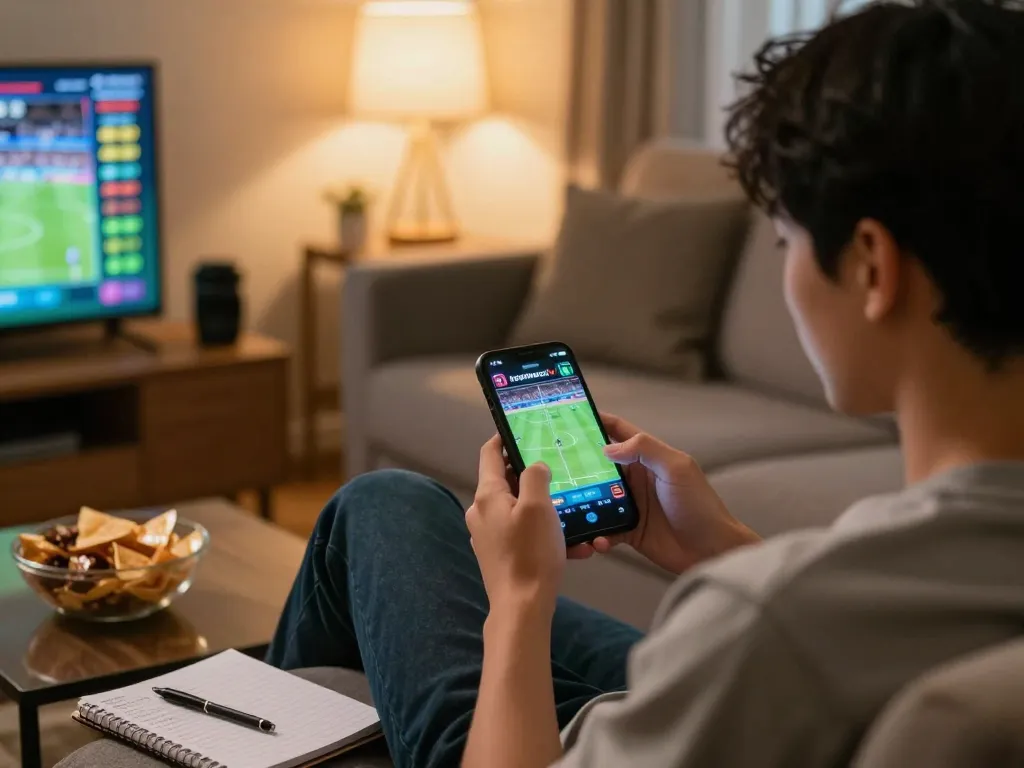 Engaging sports betting moment on keonhacai tv with smartphone in cozy living room.