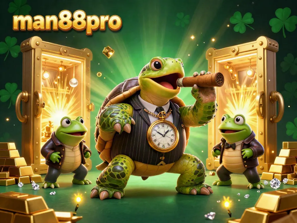 Experience the excitement of man88pro with a colorful 3D illustration featuring casino action and a snapping turtle.