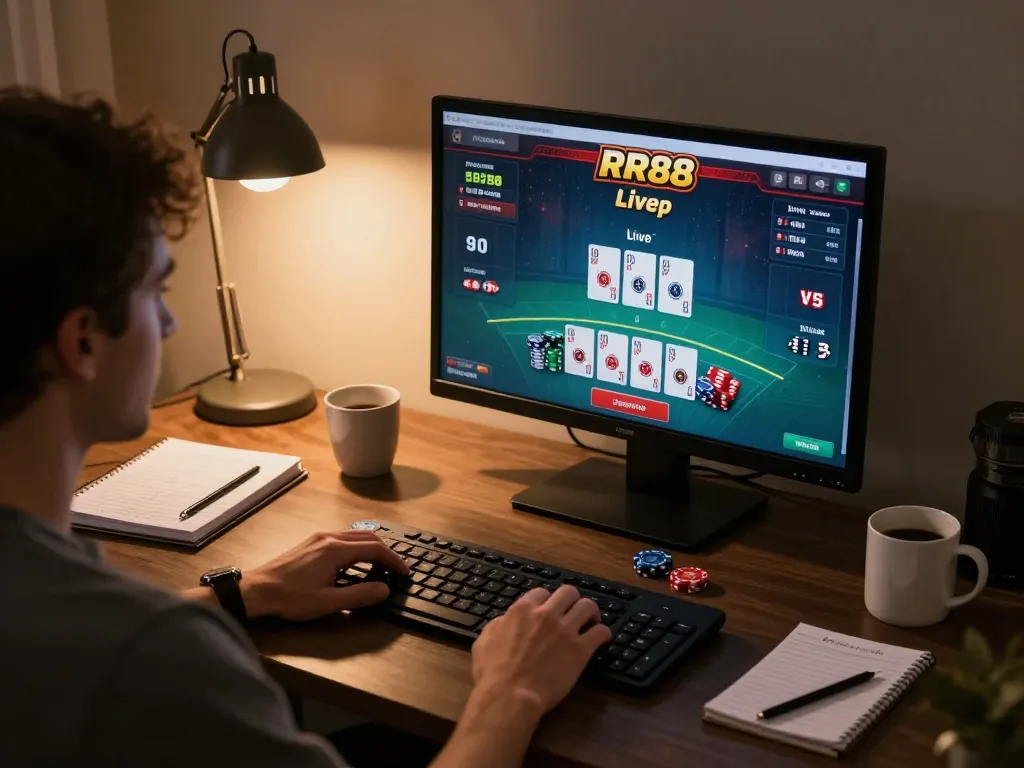 Playing RR88 live dealer blackjack on a laptop in a cozy home setup with strategy notes.