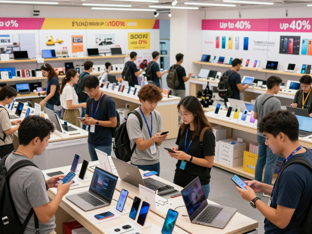 Engaged shoppers exploring rokok88's latest global electronics in a vibrant marketplace