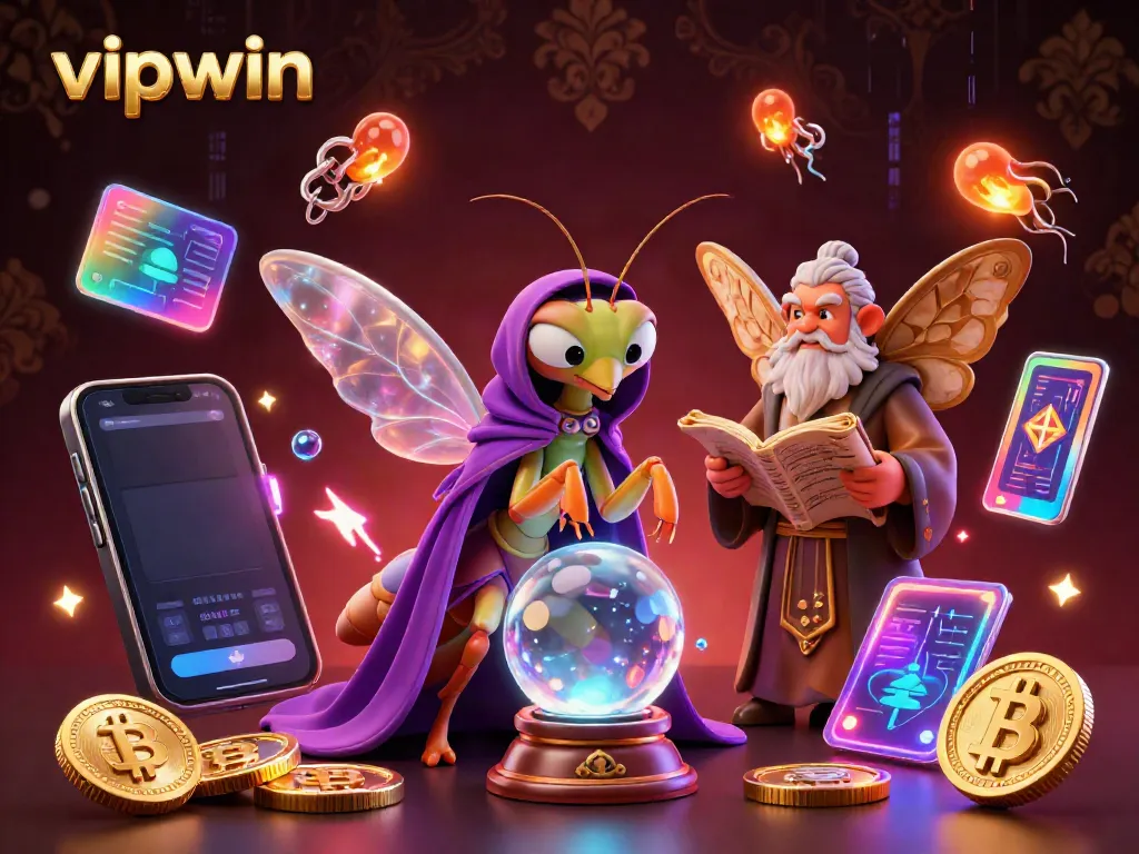 Experience exciting betting scenarios with vipwin through vibrant 3D casino art featuring a fortune teller and crypto elements.
