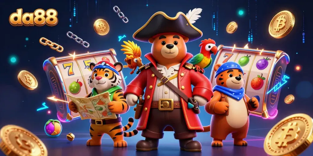 Experience thrilling slots and jackpots with da88 in a vibrant casino scene featuring engaging characters.