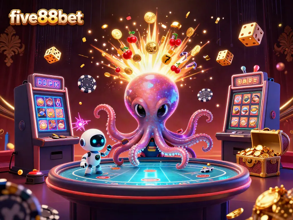 Engage in thrilling games at five88bet with a dynamic 3D illustration showcasing exciting casino elements.