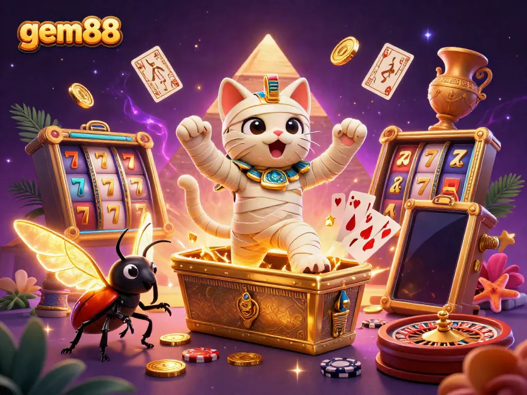 Experience gem88 with an animated scene of a mummy cat in a vibrant pyramid casino bursting with colors and slot game elements.