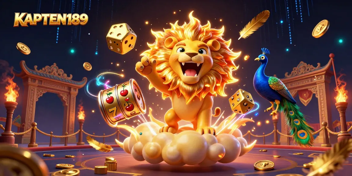 KAPTEN189 memimpin dunia game slot, dikelilingi simbol keberuntungan dan koin emas.