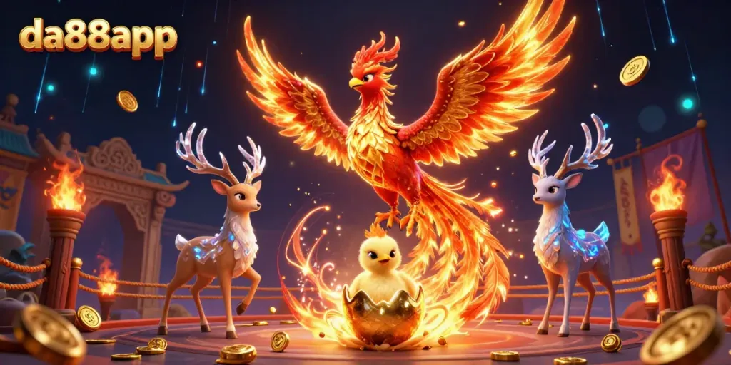 Engage with exciting bets at da88app while witnessing a legendary phoenix duo and a mystical stag in this vibrant gaming illustration.