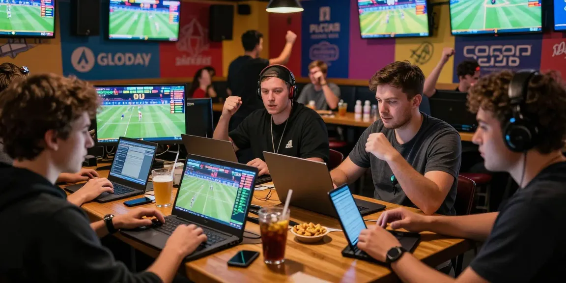 Skupina sázkařů sledující živé sporty a analyzující světové sázkové kanceláře v moderním prostředí.