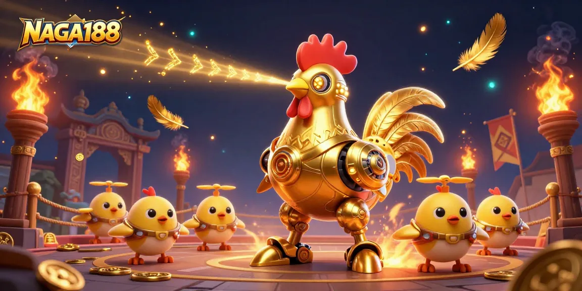 Permainan NAGA188 menampilkan robot ayam emas futuristik dalam arena pertarungan dengan efek dramatis.