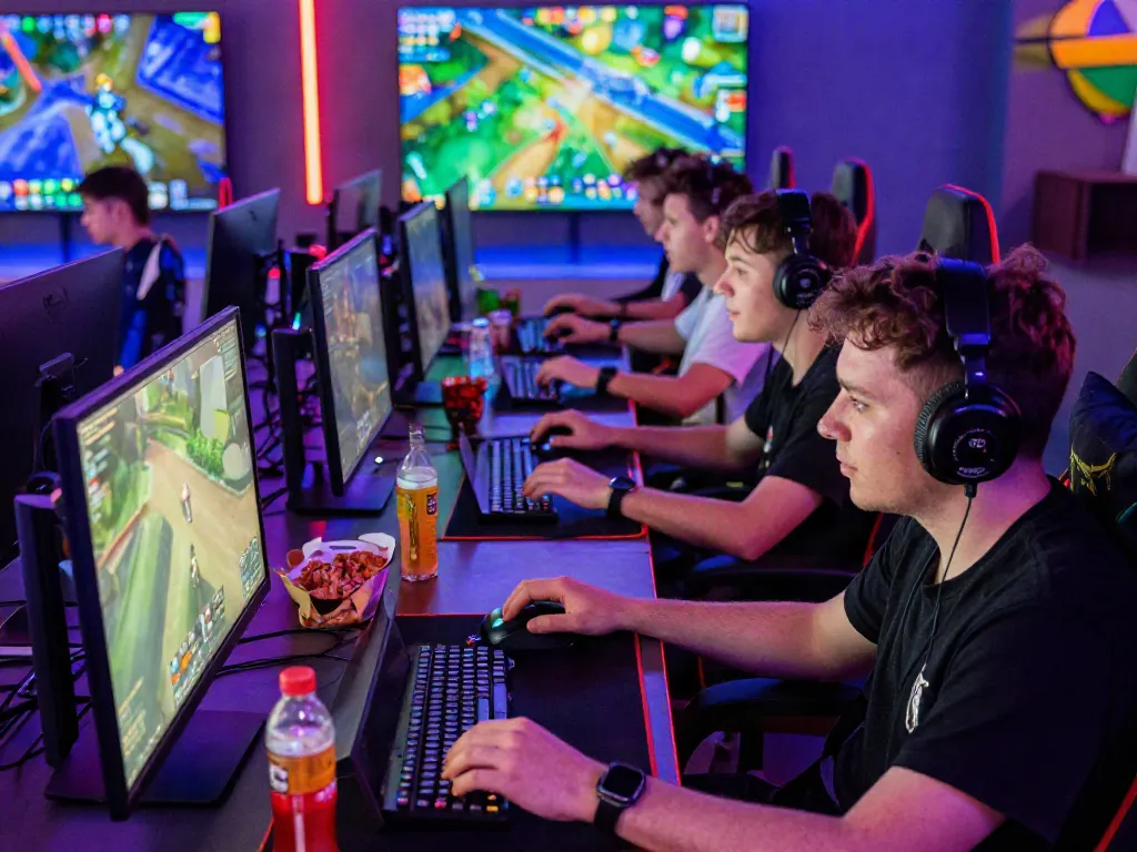 Excited male gamers engaged in multiplayer gaming at https://manclub1.jp.net/ with dynamic graphics and snacks.