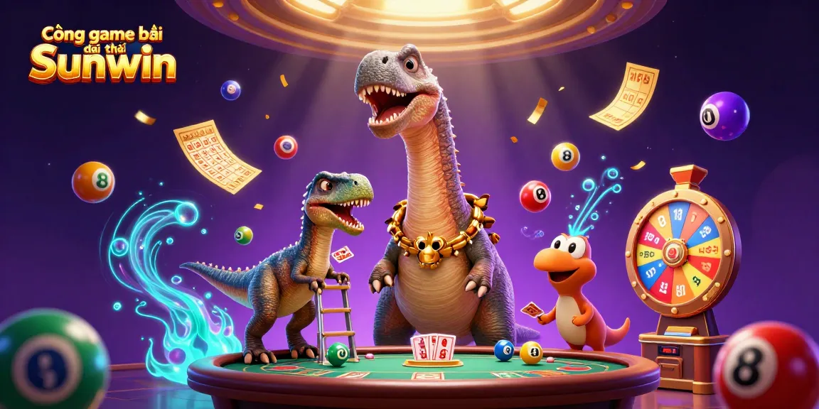 Engage with the dynamic Cổng game bài đổi thưởng Sunwin featuring a brontosaurus and raptor in a vibrant casino scene.