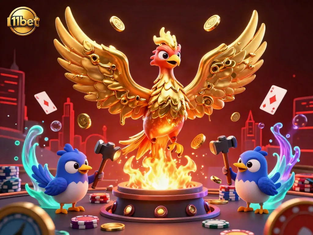 Engage with the thrilling world of 11bet as a molten phoenix heralds jackpot opportunities in an animated casino scene.