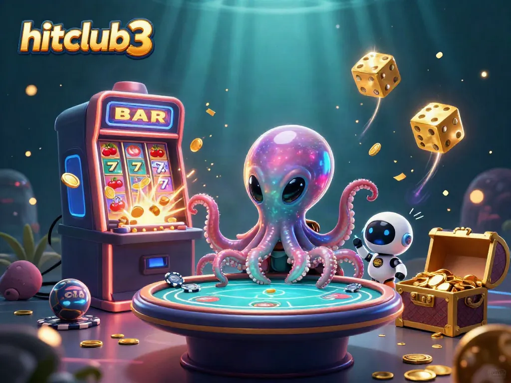 Engage with hitclub3's vibrant casino experience featuring a thrilling octopus dealer at a poker table with animated game elements.