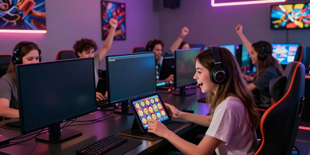 Excited players engaging with da88 slot games in a vibrant gaming lounge environment.