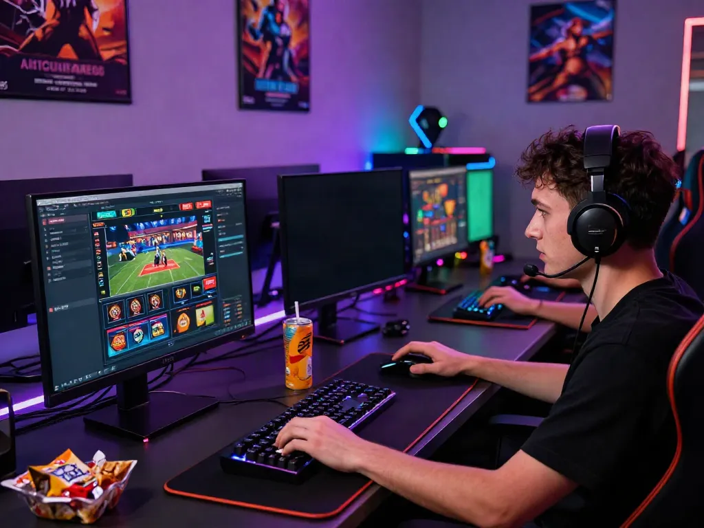 Gamer engaged on https://playsv88.net/ with colorful screens of casino games and sports betting.