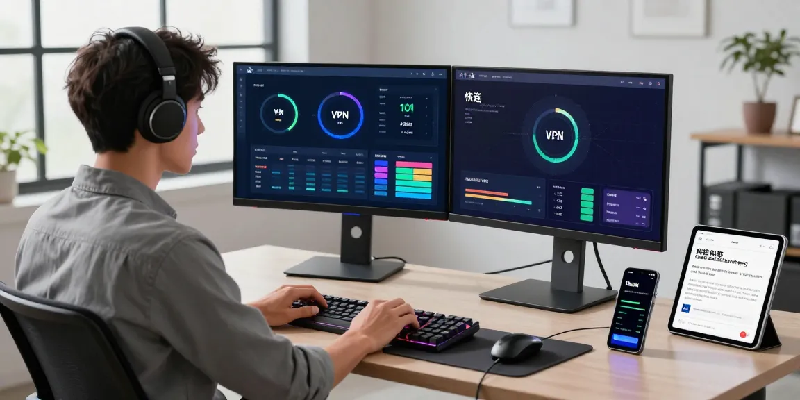 Dynamic workspace showcasing a user optimizing 快连 network settings on dual monitors with vibrant tech gadgets in a bright office