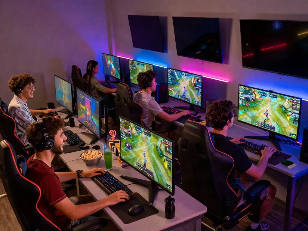 Engaged players enjoying hitclub gaming experience in lively lounge.