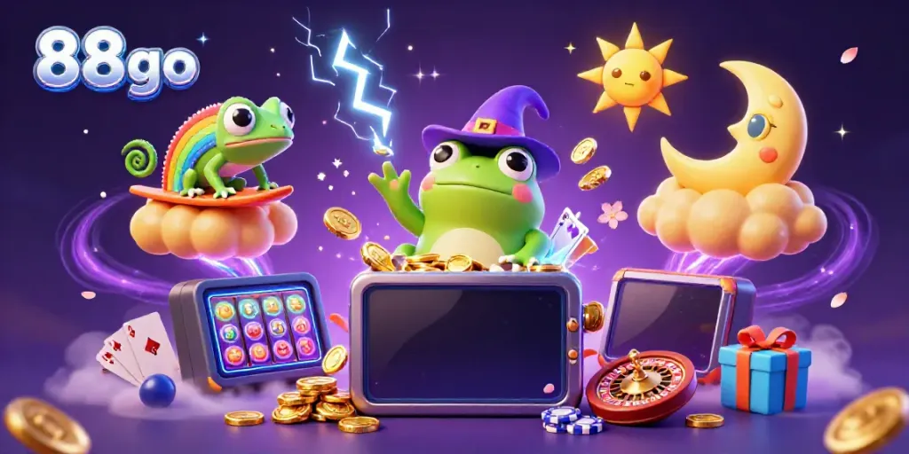 Experience the thrilling world of 88go with a wizard frog, chameleon, and slot games amidst golden coins.