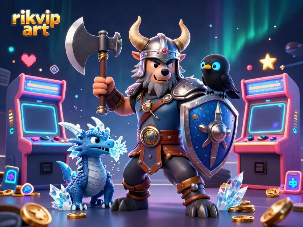 Experience thrilling gameplay with rikvip art, featuring a Viking wolf warrior and dazzling casino elements.
