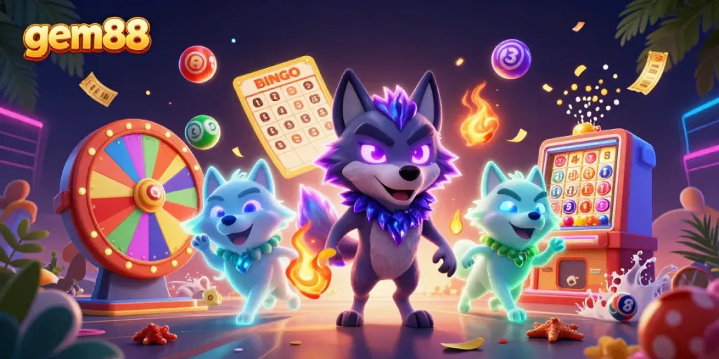 Engage with gem88 for vibrant lottery fun featuring colorful balls, a spinning prize wheel, and ghostly wolf guardians.