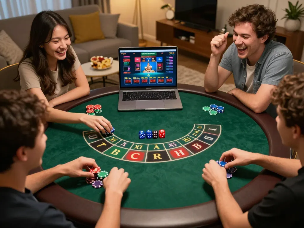 Players enjoying Tài Xỉu Online on taixiuonline, with colorful dice and chips in a lively atmosphere