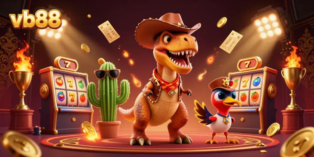 Join the excitement with vb88 in a vibrant casino scene featuring a T-Rex and gaming elements.