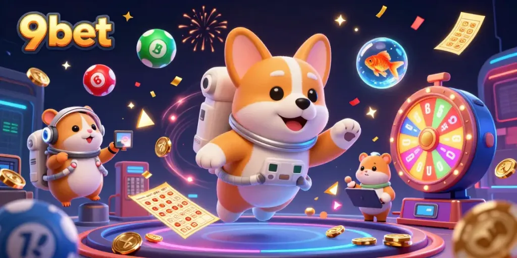 Experience thrilling moments at 9bet, floating with a cartoon corgi in a casino space adventure.