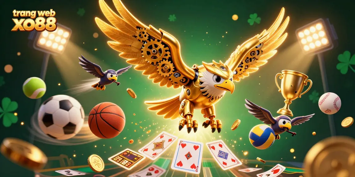 Experience the excitement of trang web xo88 with a vivid 3D illustration featuring a golden eagle amidst dynamic sports betting action.