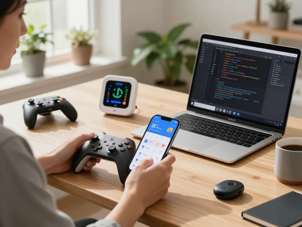Engaging scene showcasing unique tech gadgets such as Bluetooth controllers and smart devices in a modern home office workspace.