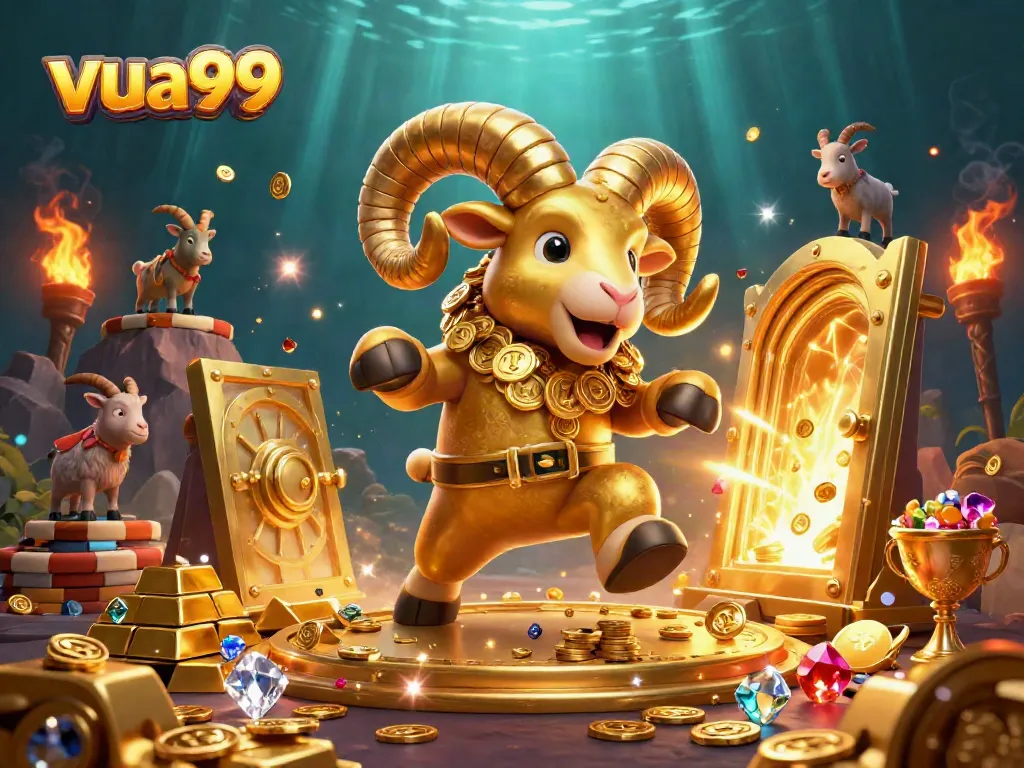 Experience the excitement of vua99 with a golden ram charging through treasures in this vibrant casino scene.