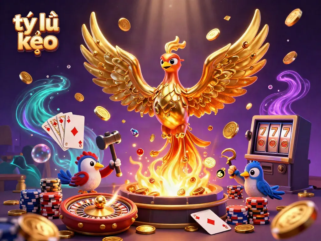Bet on tỷ lệ kèo as a golden phoenix emerges, surrounded by casino action.